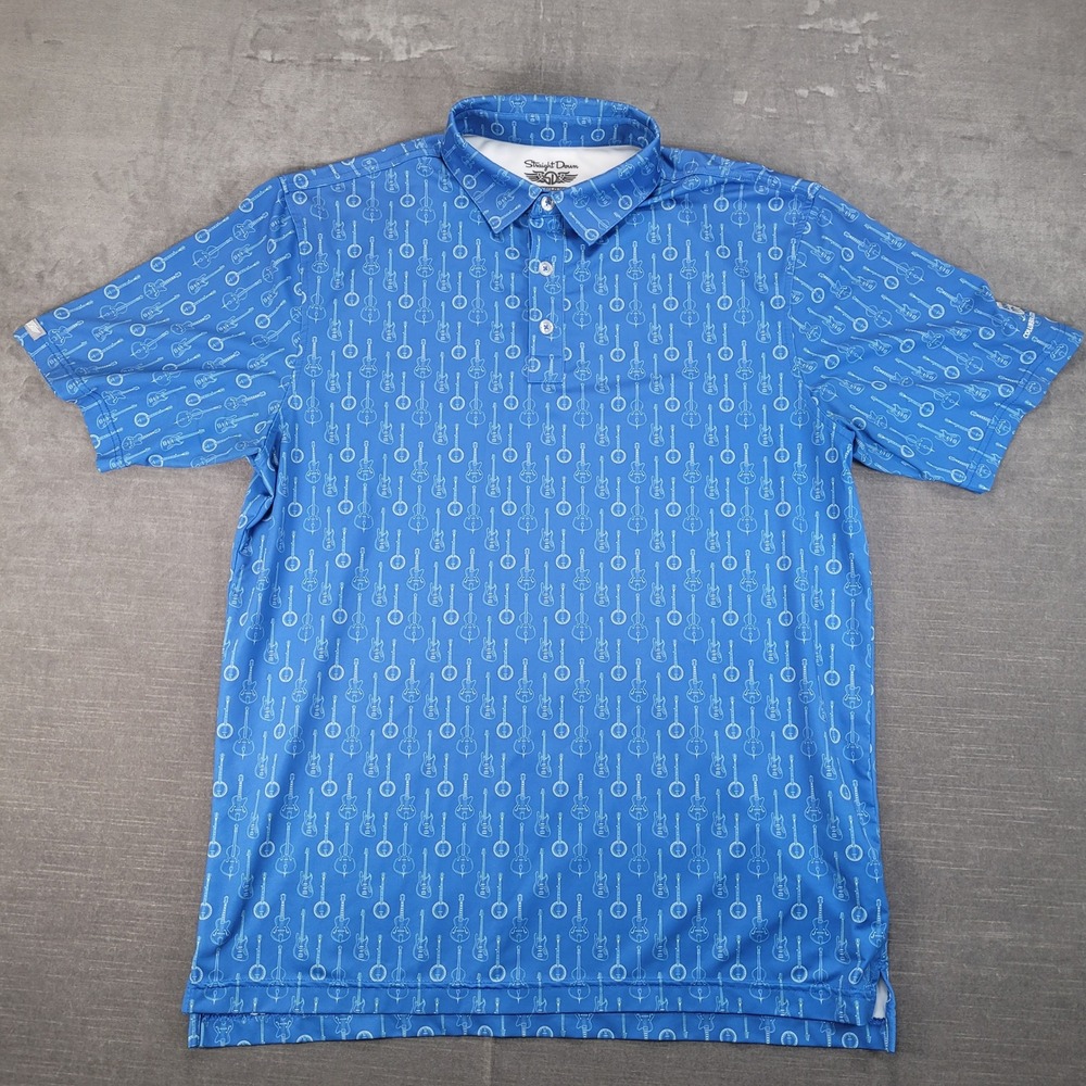 Straight Down‎ Performance Polo Shirt Mens L Blue Guitar Banjo Print Golf Logo
